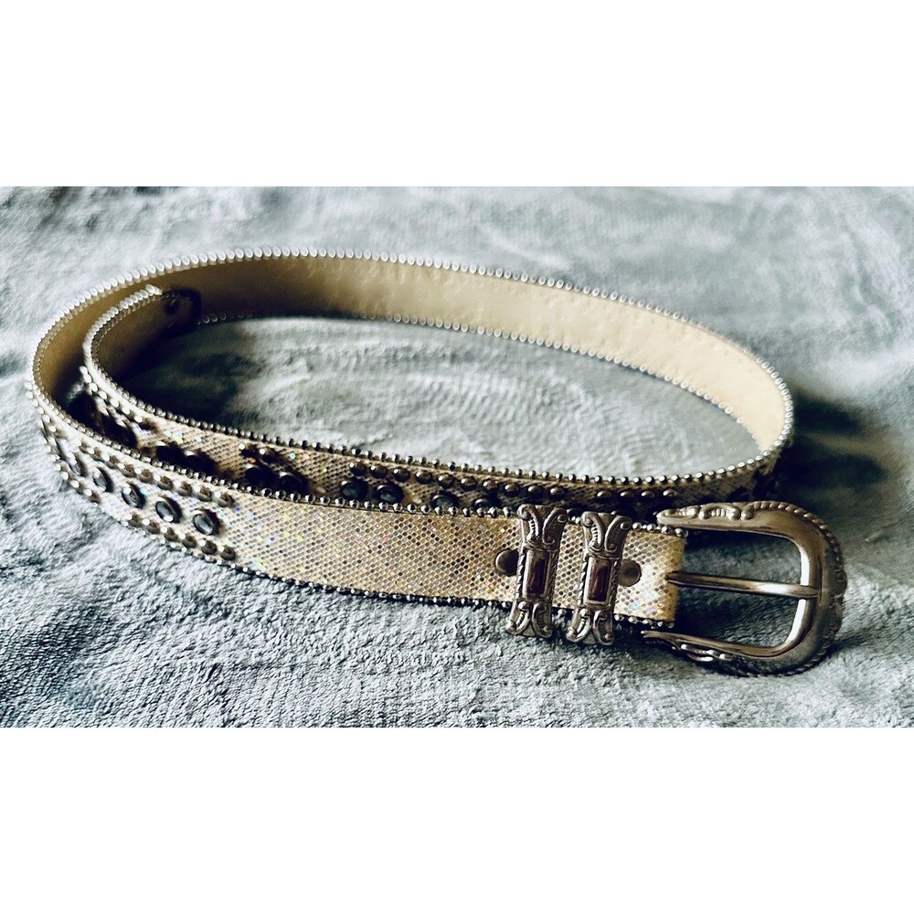 Vtg Bling Western Belt M  L 34-42 Ivory Rhinestone Studs Silver Etched Buckle